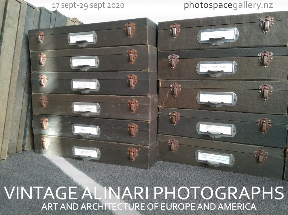 Poster for Vintage Alinari, Photospace Gallery, 17-29 September 2020, vintage photographs of european, british, american srchitecture, sculpture, alinare photos vintage black and white silver gelatine mounted prints, art history lecture photo sets for sale, photospace gallery wellington new zealand