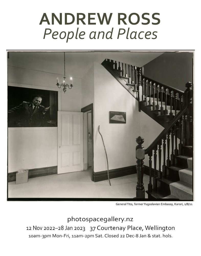 Poster for 'People and Places' exhibition by Andrew Ross at Photospace Gallery, Nov 2022-Jan 2023, Wellington NZ, interior room photography, large format contact print, large format black and white film photography, 8x10 film contact print, Photographs of Wellington history NZ, Photography Gallery in Wellington New Zealand, New Zealand photographic artist Andrew Ross