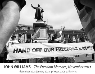 John Williams photos of the Freedom Marches in Wellington during November 2021, Photospace Gallery contemporary new Zealand photography, documentary photography in Aotearoa new Zealand, black and white street photography in Wellington NZ