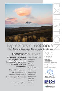 Expressions of Aotearoa exhibition poster, Photospace Gallery 27 March to 1 May 2021, New Zealand fine art landscape photography by Richard Young, Rob Brown, Mark Gee, Ken Wright, Christopher Thompson, Shaun Barnett, Spencer Clubb, Bridget Sloane, Leanne Silver, Bob Pullein, Helen Darling, Peter Jones, Photospace Gallery contemporary New Zealand photography 37 Courtenay Place Wellington NZ