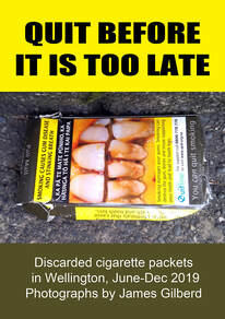 Quit before It Is Too Late cover - James Gilberd, photographs of discarded gigarette packets in wellington new Zealand, New Zealand smoke free 2025, environmental photography, urban landscape photography, photospace Gallery contemporary new zealand photography, plain packet cigarettes, medical photos on cigarette packs, NZ photobook, hand made photobook, art photography by James Gilberd