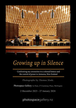 Poster for 'growing up in Silence' exhibition by Thomas Slade at photospace Gallery, Courtenay Place Wellington NZ, contemporary New Zealand photograpphy, te tiirti issues, Treaty of Waitangi colonisation balance of power in New Zealand society