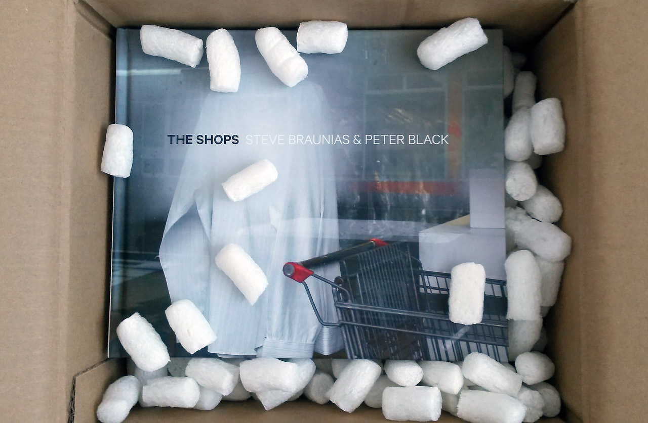 Cover of 'The Shops' by Steve Braunias and Peter Black - in carton. Photo: J.Gilberd