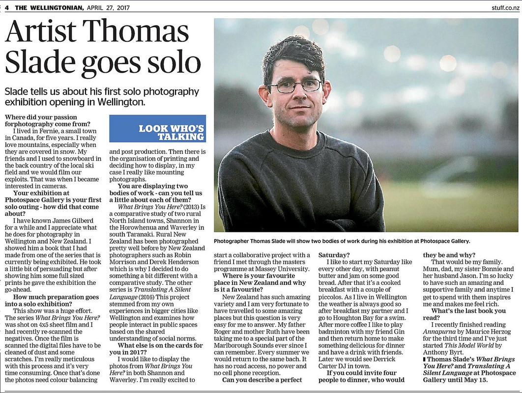 Article on Thomas Slade in The Wellingtonian, 27th April 2017, New Zealand photographic artist Thomas Slade, Photospace Gallery Wellington