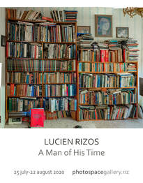Lucien Rizos 'A man of His Time' - 25 July-22 August 2020, photospace gallery contemporary Ne Zealand photography, large format prints from composite digital photos, bookcases, book collection, interior portrait, environmental portraiture