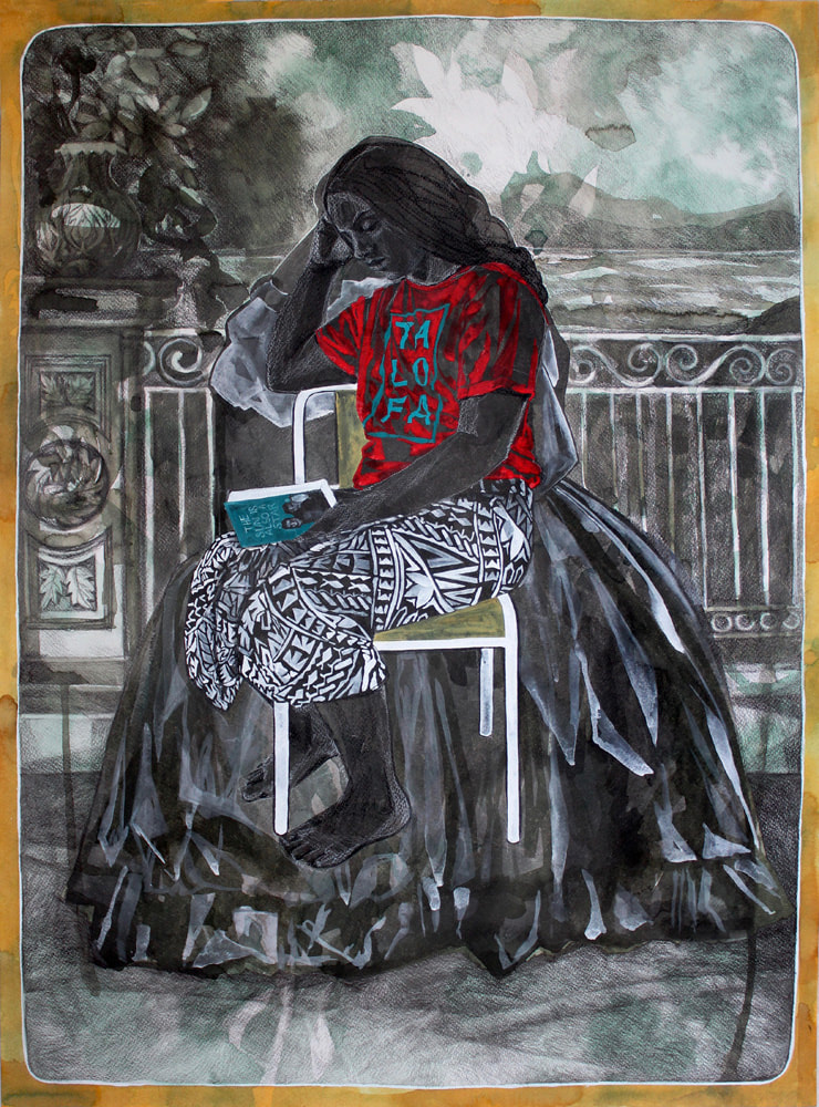 'Young woman pictured with her favourite book' - mixed media work by Cathy Tuato'o Ross from 'Stand Still' Photospace gallery contemporary New Zealand photography, Gilberd Marriott Gallery contemporary new Zealand fine arts 37 Courtenay Place Wellington Aotearoa New Zealand