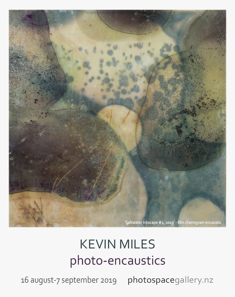 Kevin Miles 'Photo-encaustics' exhibition poster, Photospace Gallery 2019, cameraless photography, chemigrams, encaustic prints, New Zealand contemporary photography