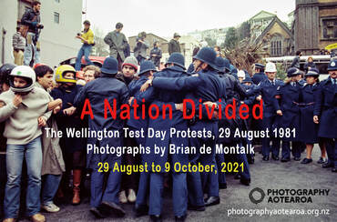 'A Nation Divided' anti-tour protest photos from 29 Aug 1981 by Brian De Montalk, colour documentary photos of the anti-springbok rugby tour protest march in Wellington on 29th August 1981 the day of the second test match All Blacks verses Sprinboks, anti springbok tour protest photos, photospace gallery contemporary new zealand photography wellingtin nz, photograpjhy aotearoa exhibition hoted by photospace gallery, anti-tour photos in colour, documentary photos of protest in aotearoa new zealand