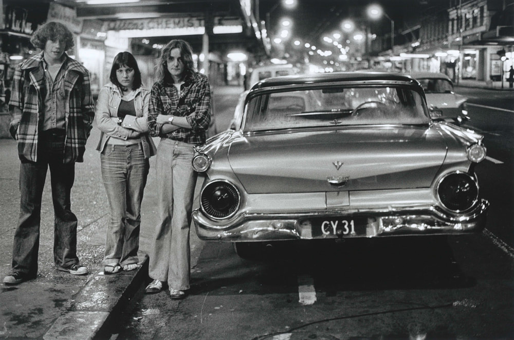 Murray Cammick - 'Ray Fritchit (left) & his 1959 Ford CY31 - 1976', Flash cars exhibition Photospace Gallery 37 Courtenay Place Wellington Aotearoa New Zealand, New Zealand contemporary photography gallery Wellington NZ, NZ car culture, Auckland 1970s street photography