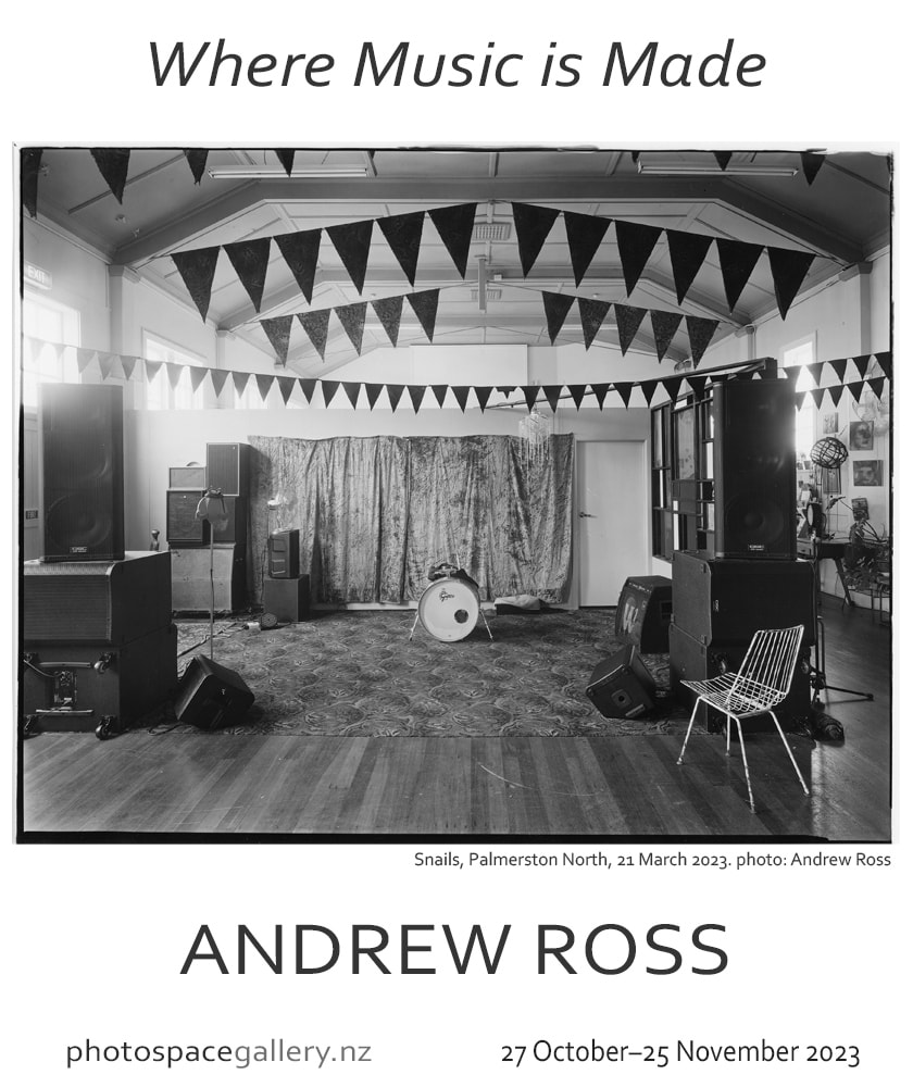 'Snails, Palmerston North, 21/3/2023' Photo: Andrew Ross, Photospace Gallery contemporary New Zealand photography 37 Courtenay Place Wellington Aotearoa NZ, large format photography 8x10 contact print, black and white photography, documentary fine art photography, photographs of New Zealand band practice rooms and underground music veunes